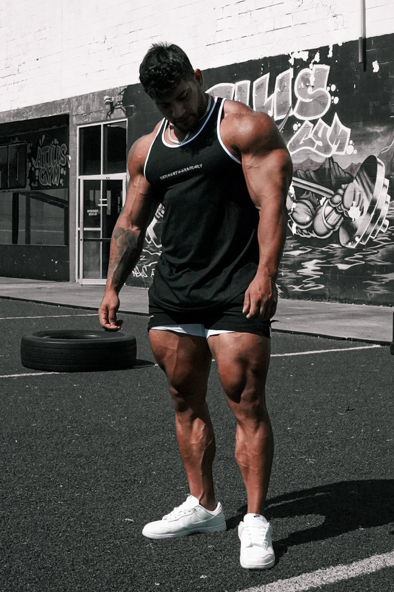 Fast-Dry Bodybuilding Workout Stringer - Black w White Trim