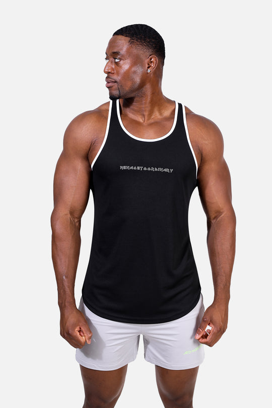 Fast-Dry Bodybuilding Workout Stringer - Black w White Trim