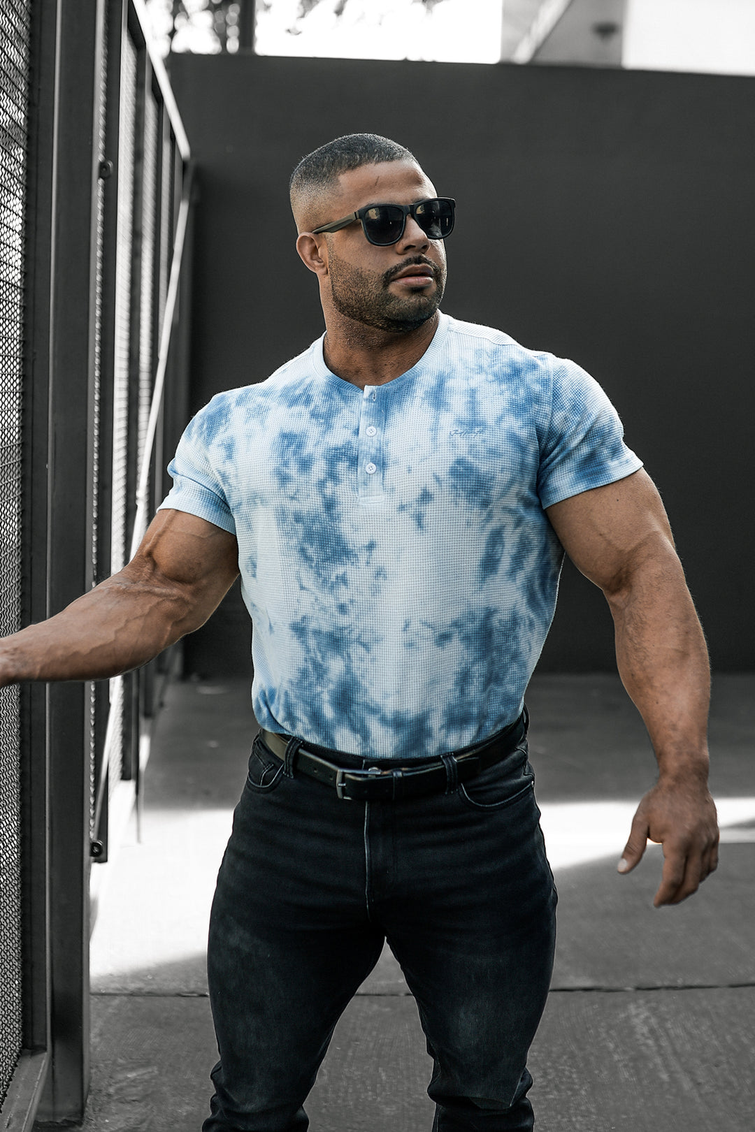 Waffle Henley T-Shirt - Blue Tie Dye