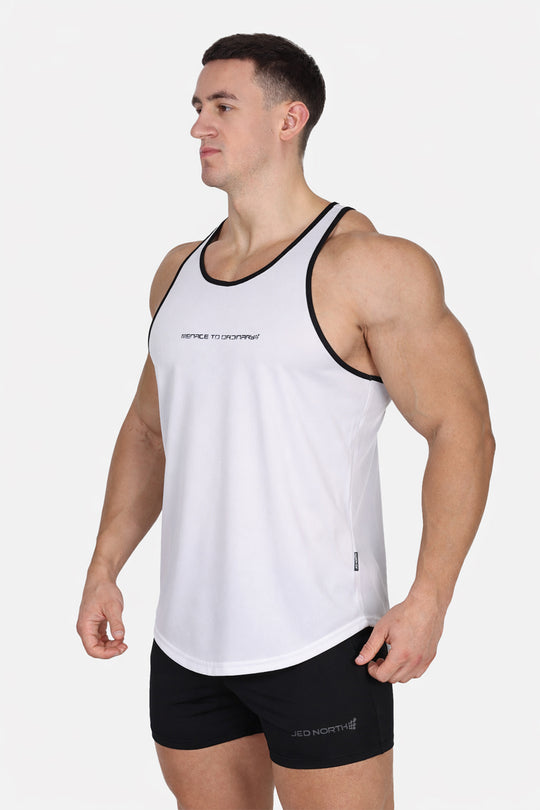 Fast-Dry Bodybuilding Workout Stringer - White w/ Navy Menace