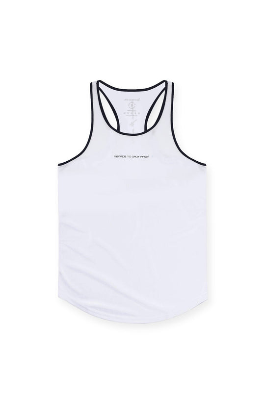 Fast-Dry Bodybuilding Workout Stringer - White w/ Navy Menace