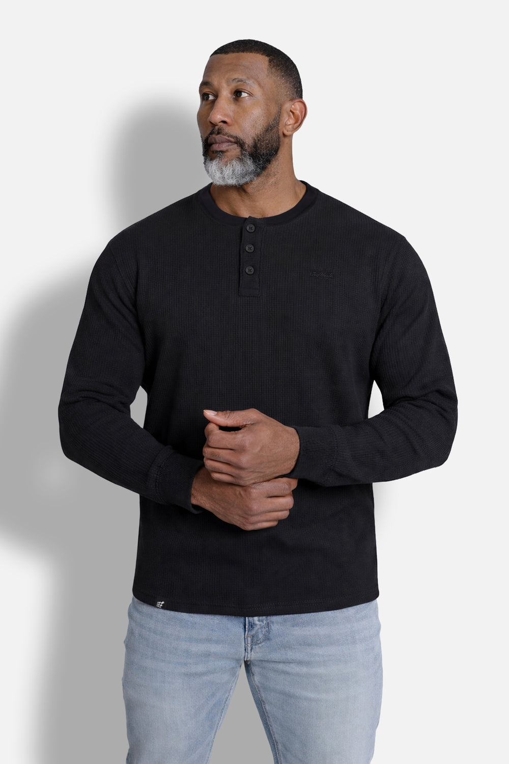 Waffle Knit Henley Long Sleeve T-Shirt - Black