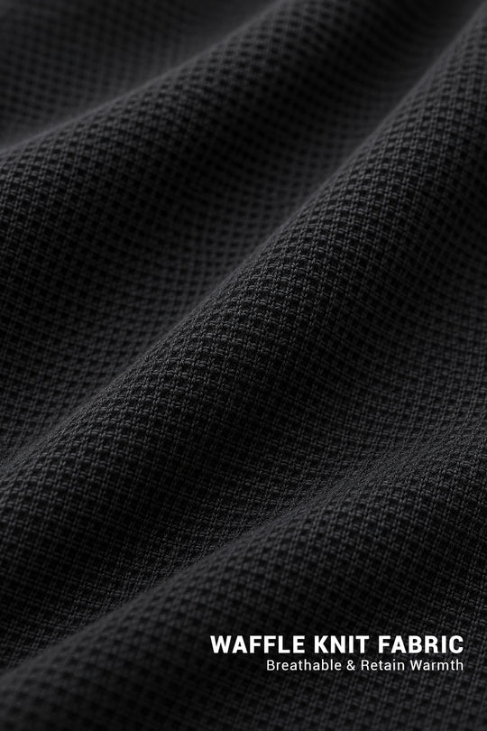 Waffle Knit Henley Long Sleeve T-Shirt - Black