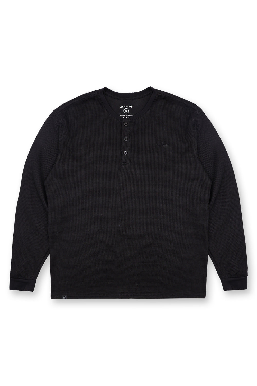 Waffle Knit Henley Long Sleeve T-Shirt - Black