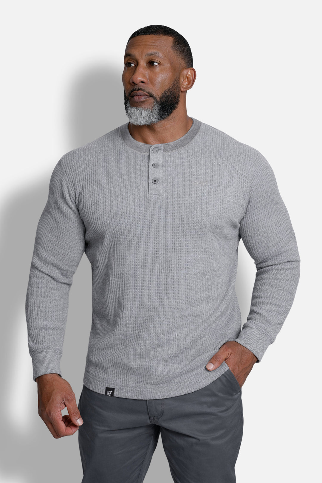 Waffle Knit Henley Long Sleeve T-Shirt - Dark Gray