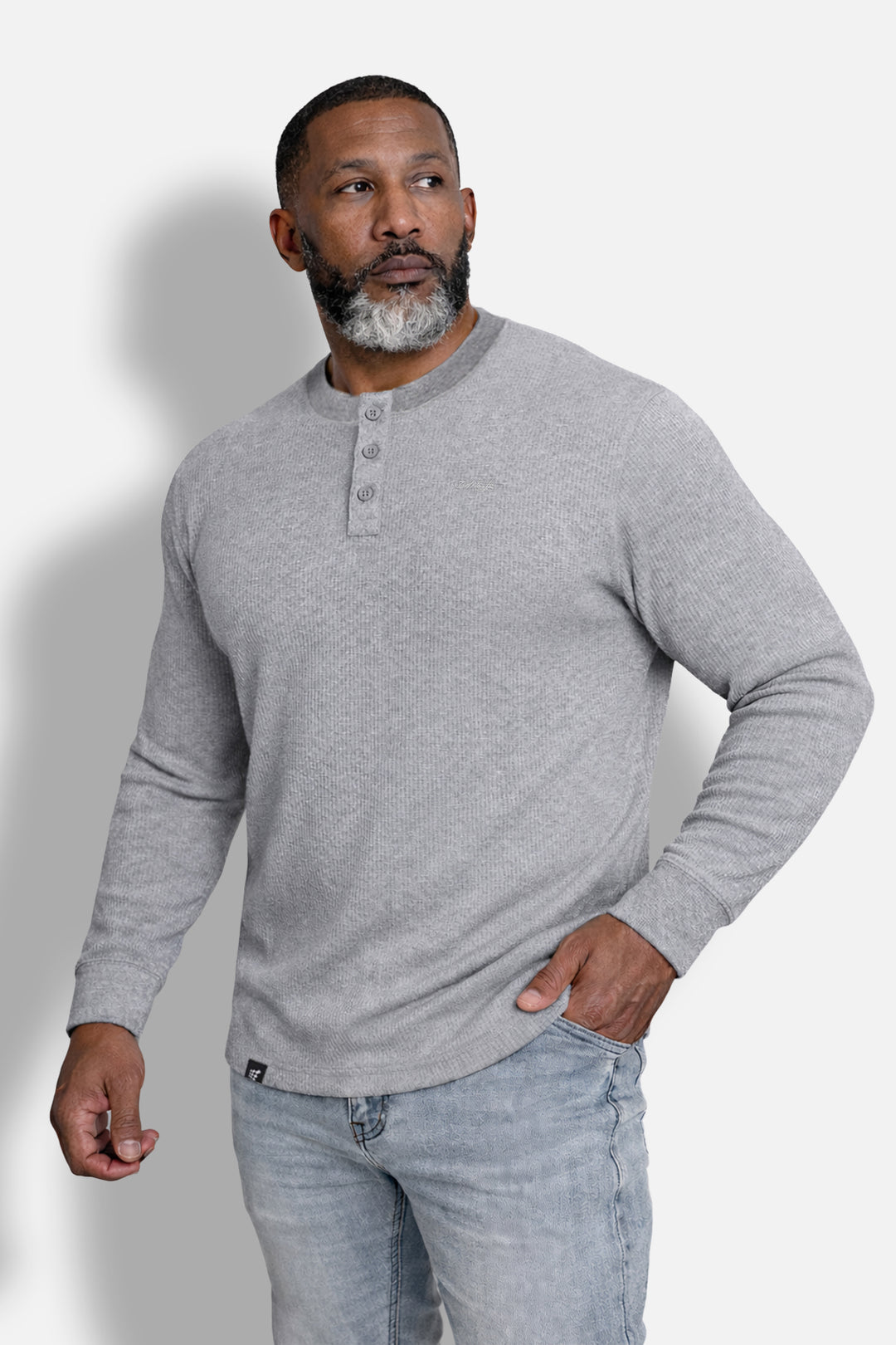 Waffle Knit Henley Long Sleeve T-Shirt - Dark Gray