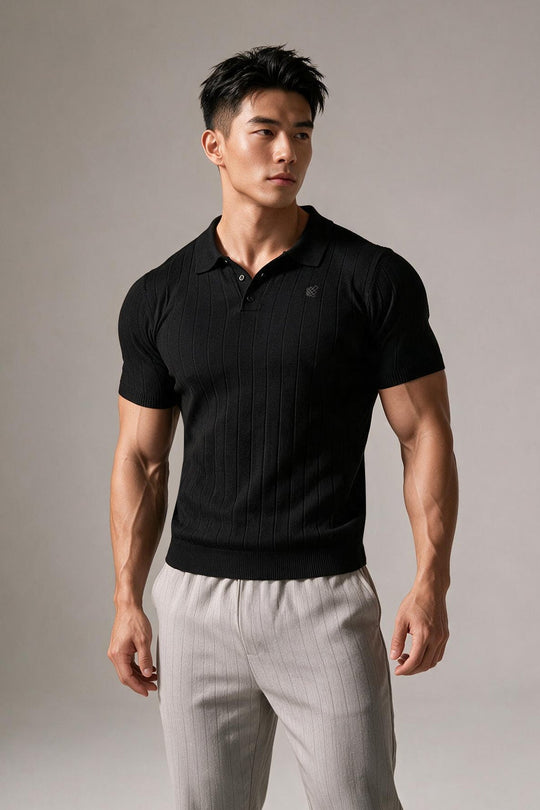Rib Knit Collared Polo  - Onyx Black