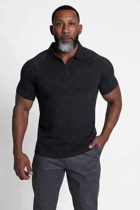 Premium Muscle-Fit Polo Tee w/ Zipper - Black